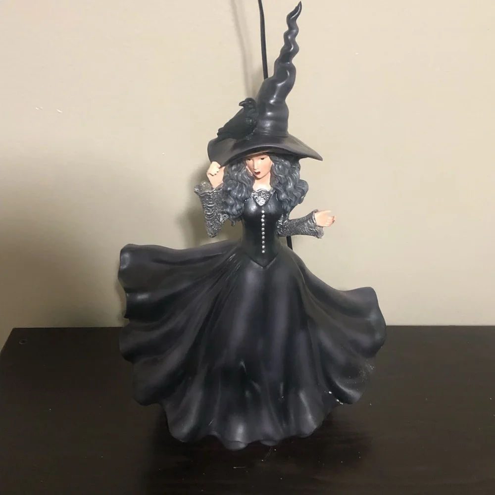Halloween Goth Witch Figurine Black With Crow, Ruffled Gown, Freestanding